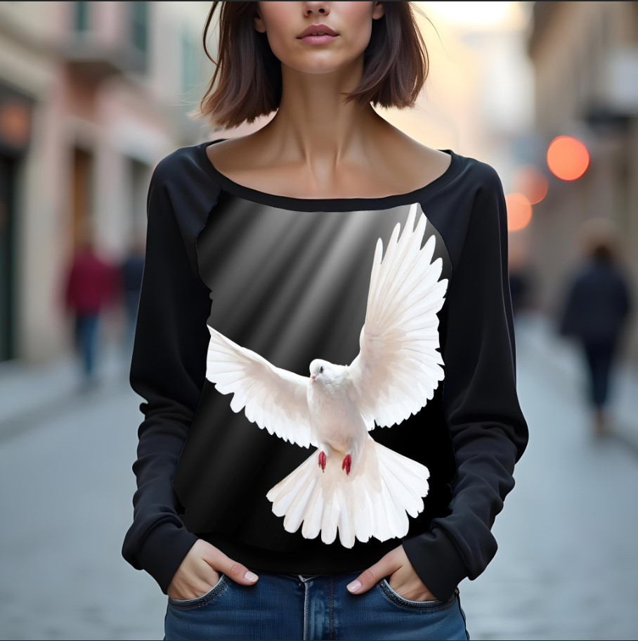 Світшот реглан з відкритими плечима в романтичному стилі з принтом "Голуб: розмах крила