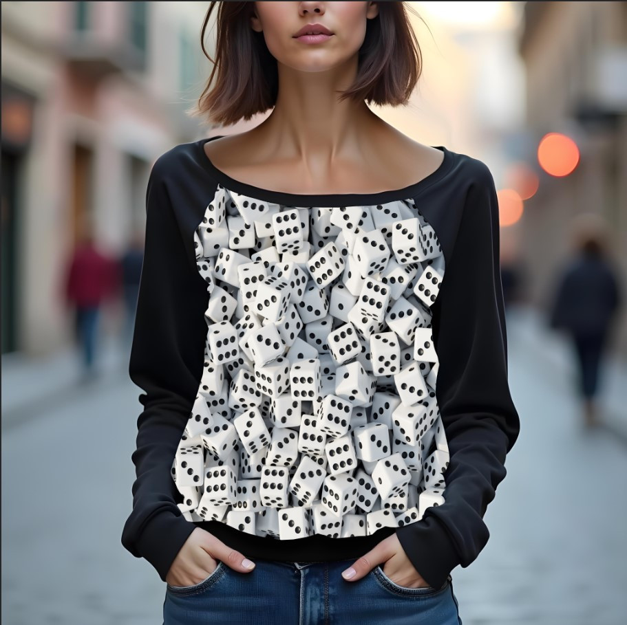 Світшот реглан з відкритими плечима в романтичному стилі з принтом "Гральні кубики