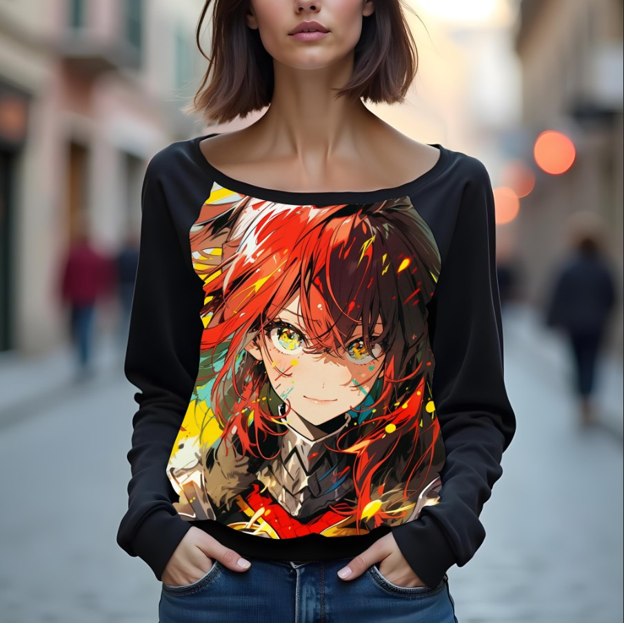 Світшот реглан з відкритими плечима в романтичному стилі з принтом "Дівчина-воїн