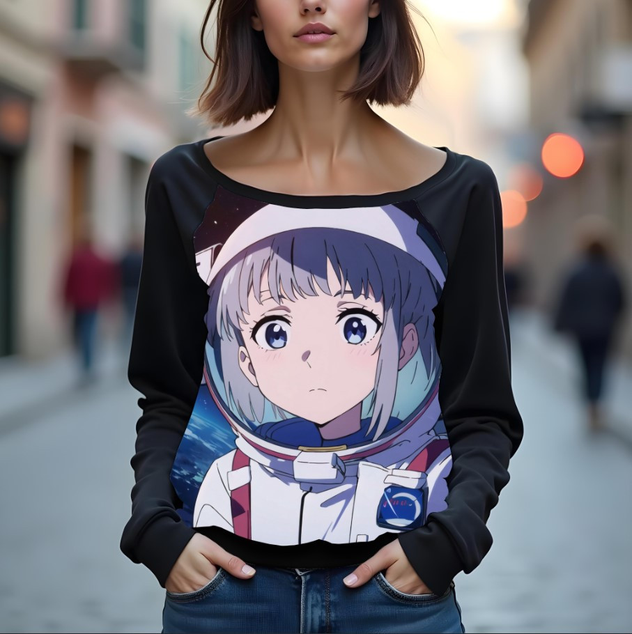 Світшот реглан з відкритими плечима в романтичному стилі з принтом "Дівчина-космонавт