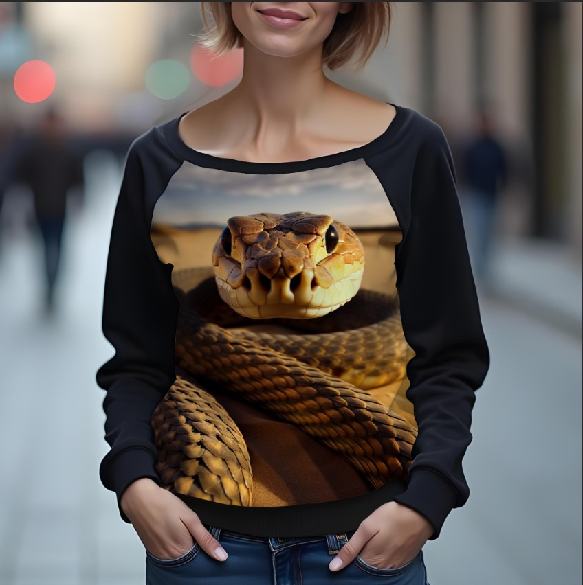 Світшот реглан з відкритими плечима в романтичному стилі з принтом "Жовта змія