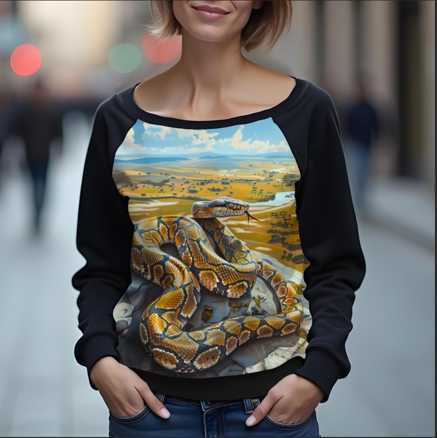 Світшот реглан з відкритими плечима в романтичному стилі з принтом "Жовта змія