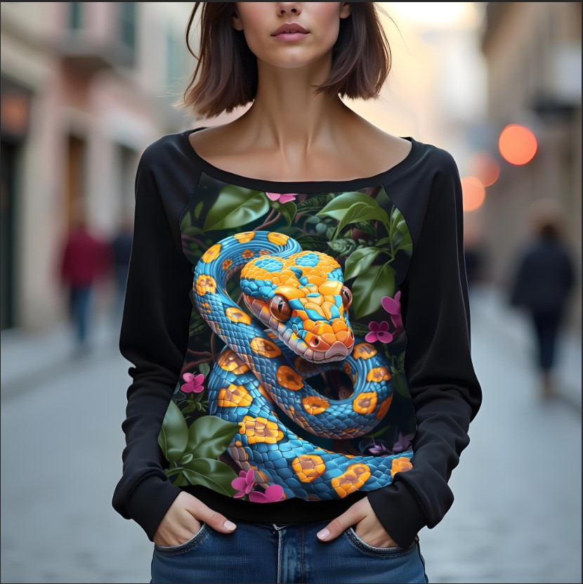 Світшот реглан з відкритими плечима в романтичному стилі з принтом "Жовто-блакитна змія
