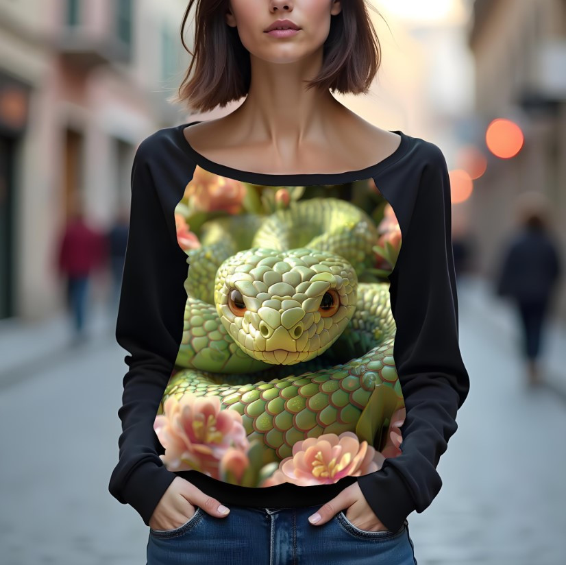 Світшот реглан з відкритими плечима в романтичному стилі з принтом "Зелена змія