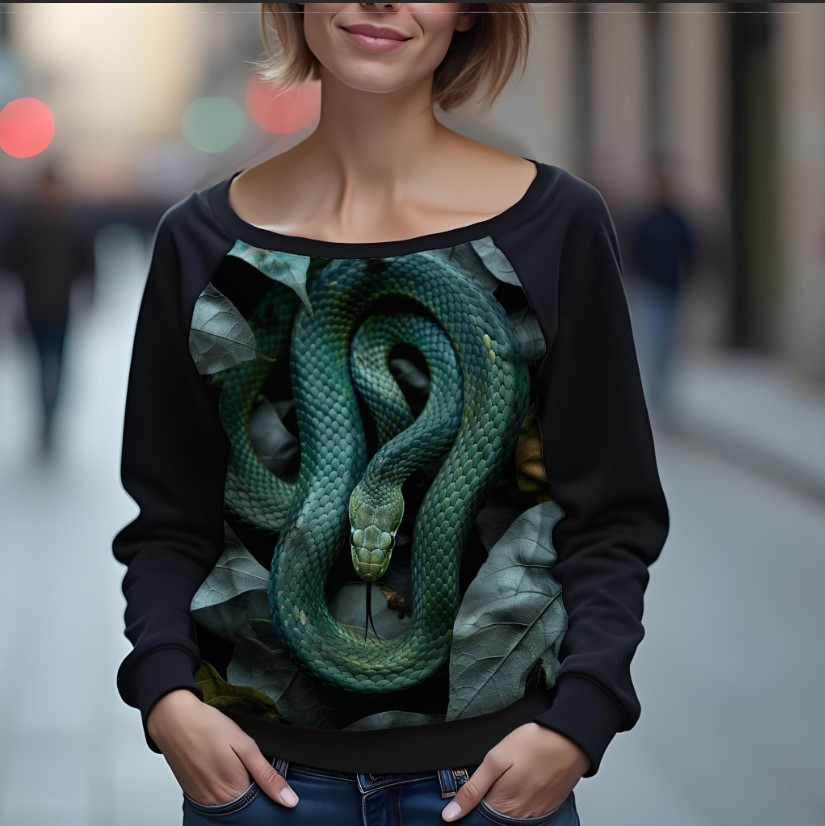 Світшот реглан з відкритими плечима в романтичному стилі з принтом "Зелена змія