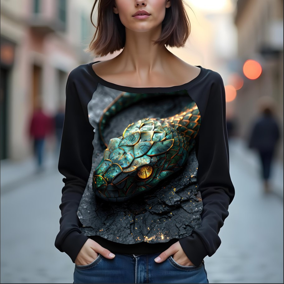 Світшот реглан з відкритими плечима в романтичному стилі з принтом "Зелена змія