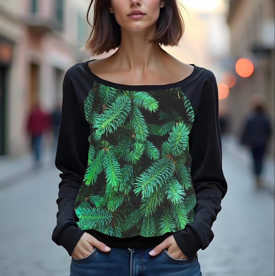 Світшот реглан з відкритими плечима в романтичному стилі з принтом "Зелені гілки