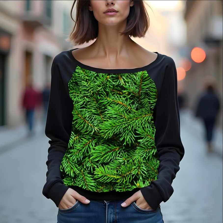 Світшот реглан з відкритими плечима в романтичному стилі з принтом "Зелені гілки