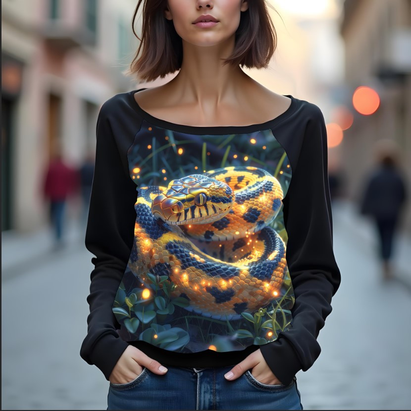 Світшот реглан з відкритими плечима в романтичному стилі з принтом "Казкова змія