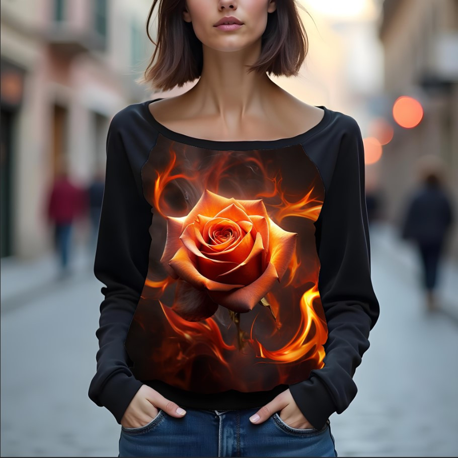 Світшот реглан з відкритими плечима в романтичному стилі з принтом "Квітка з вогню: листя