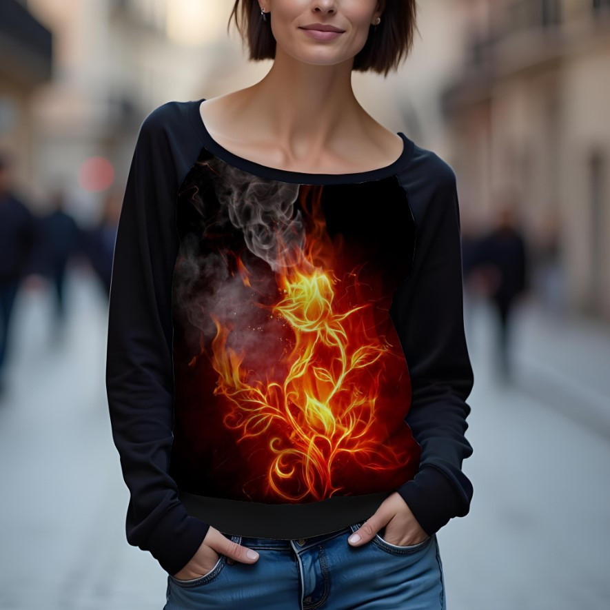 Світшот реглан з відкритими плечима в романтичному стилі з принтом "Квітка з вогню: листя