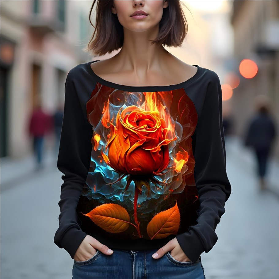 Світшот реглан з відкритими плечима в романтичному стилі з принтом "Квітка з вогню: листя