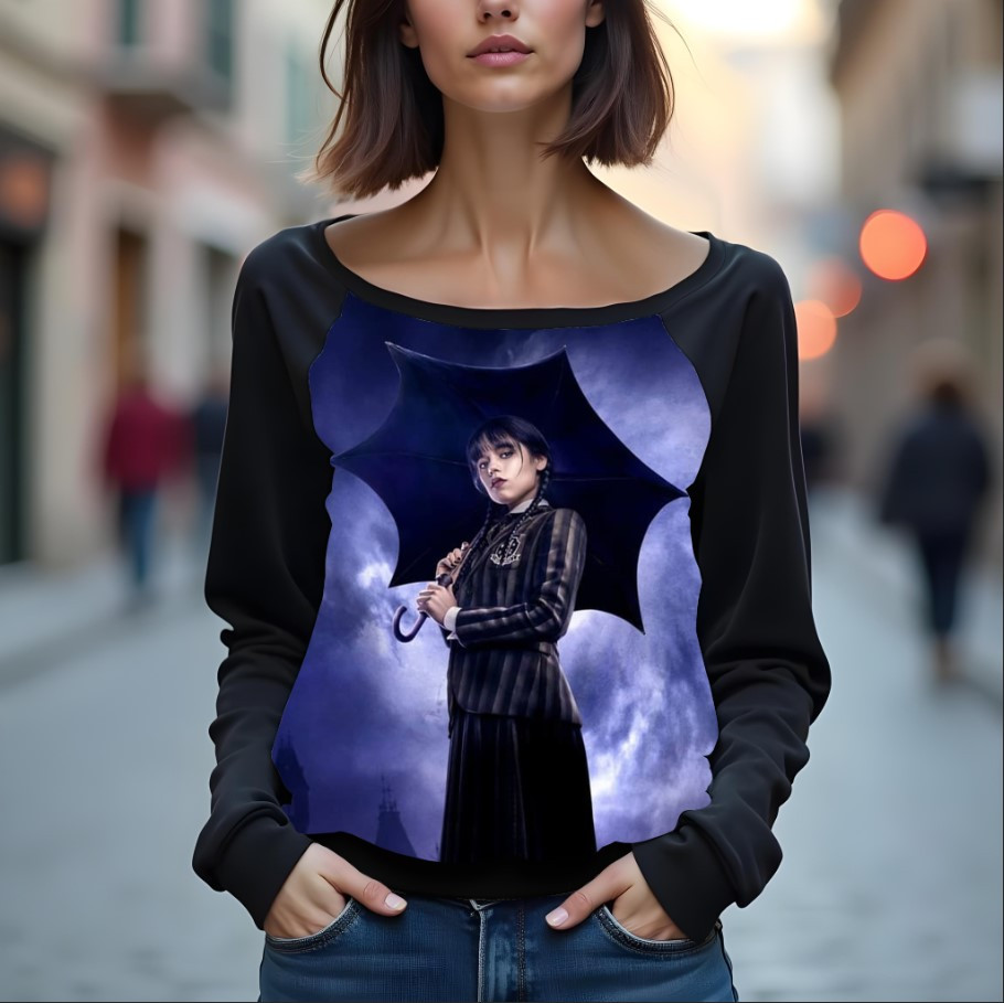 Світшот реглан з відкритими плечима в романтичному стилі з принтом "Кіно: фільм