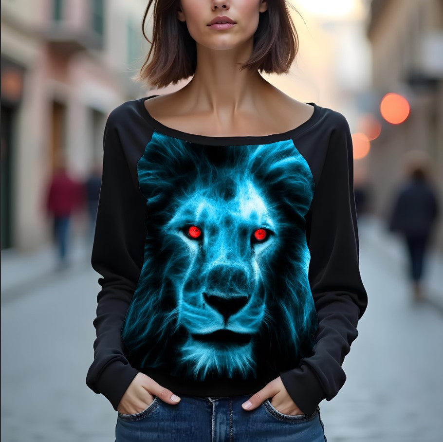 Світшот реглан з відкритими плечима в романтичному стилі з принтом "Лев: хижак