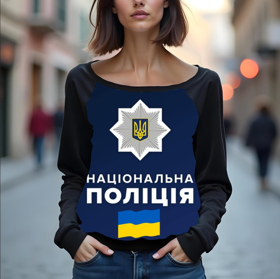 Світшот реглан з відкритими плечима в романтичному стилі з принтом "Лого: поліція