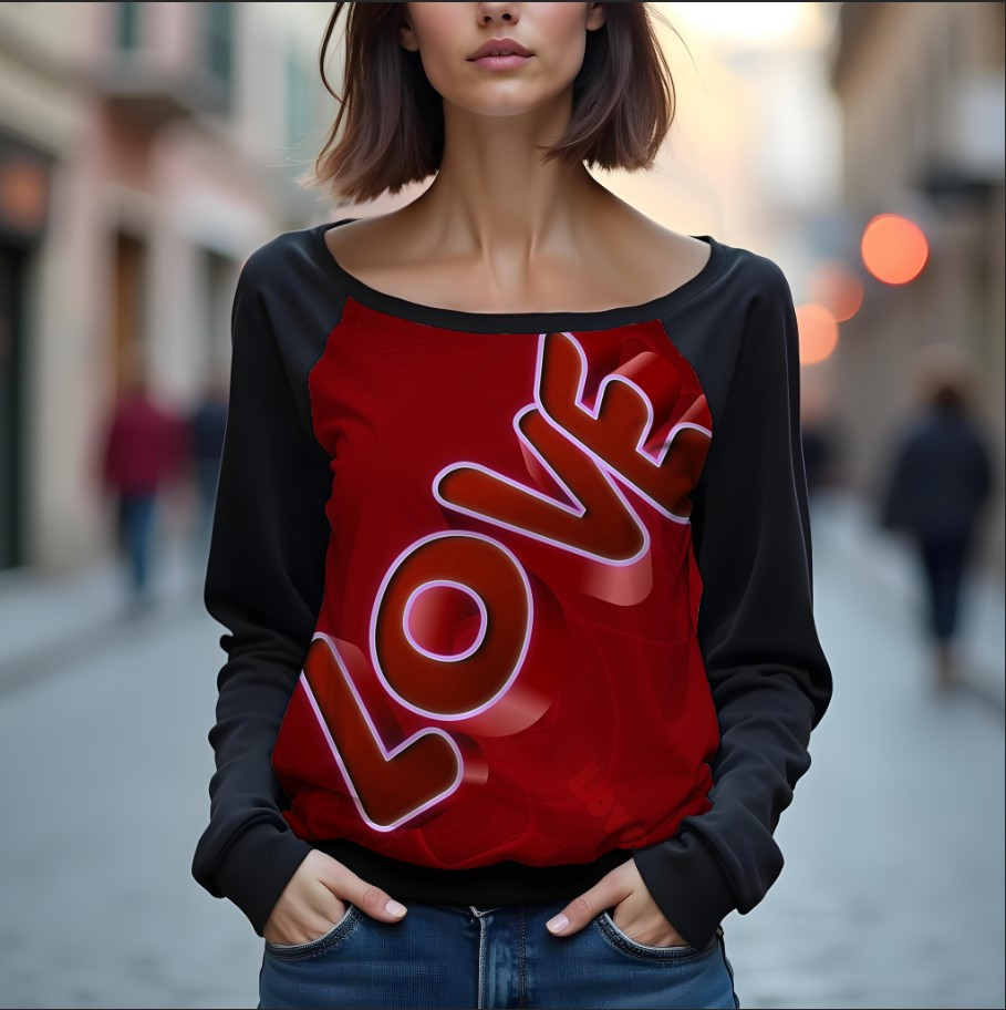 Світшот реглан з відкритими плечима в романтичному стилі з принтом "Любов: напис