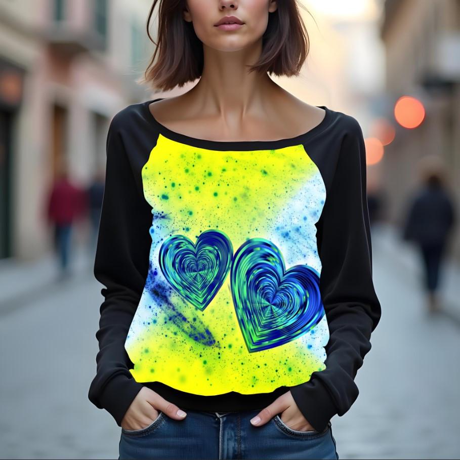 Світшот реглан з відкритими плечима в романтичному стилі з принтом "Любов: серця