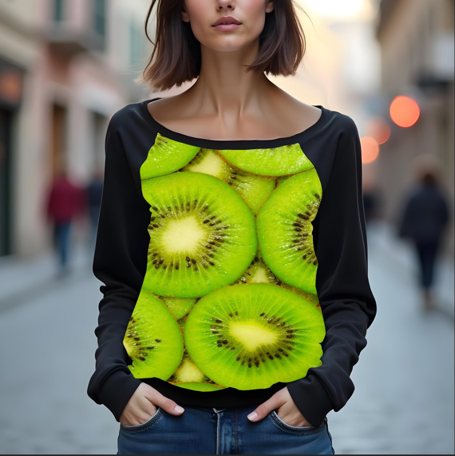 Світшот реглан з відкритими плечима в романтичному стилі з принтом "Макро: ківі