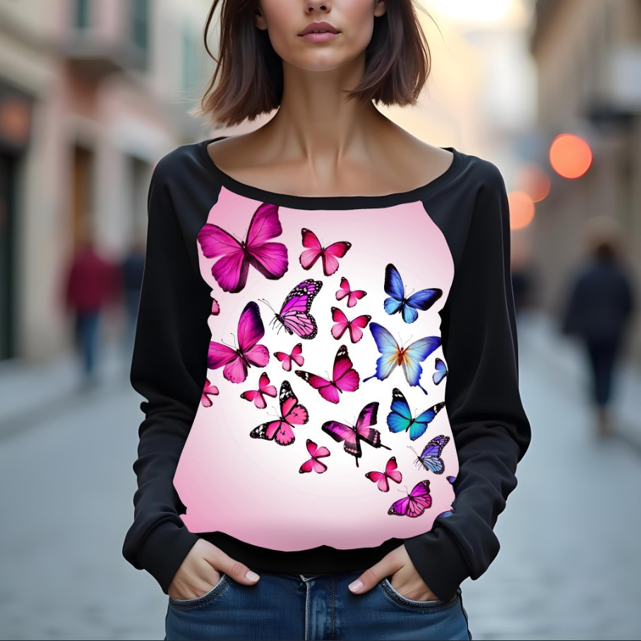 Світшот реглан з відкритими плечима в романтичному стилі з принтом "Метелики: малюнок