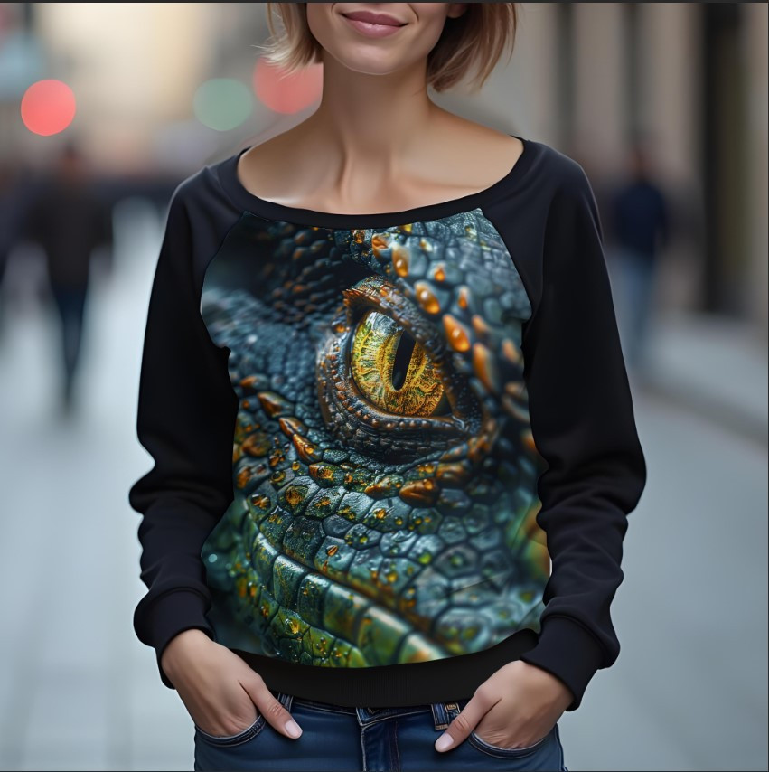 Світшот реглан з відкритими плечима в романтичному стилі з принтом "Морда дракона зеленого" ВСІ Розміри Преміум тканина