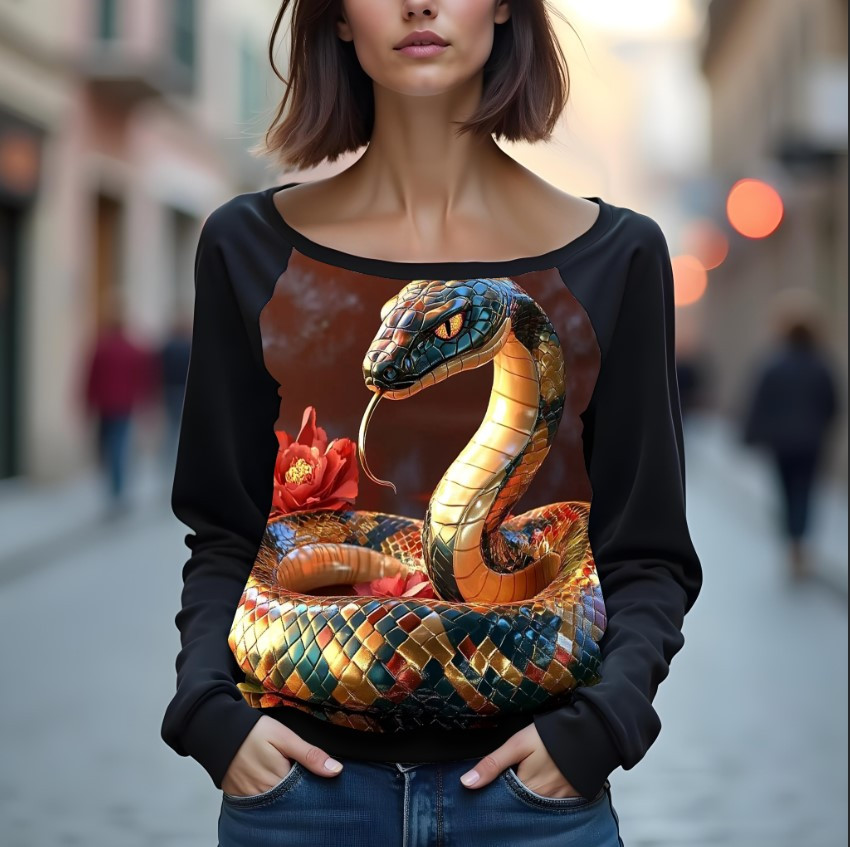 Світшот реглан з відкритими плечима в романтичному стилі з принтом "Морда червоної змії