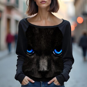 Світшот реглан з відкритими плечима в романтичному стилі з принтом "Морда чорного кота