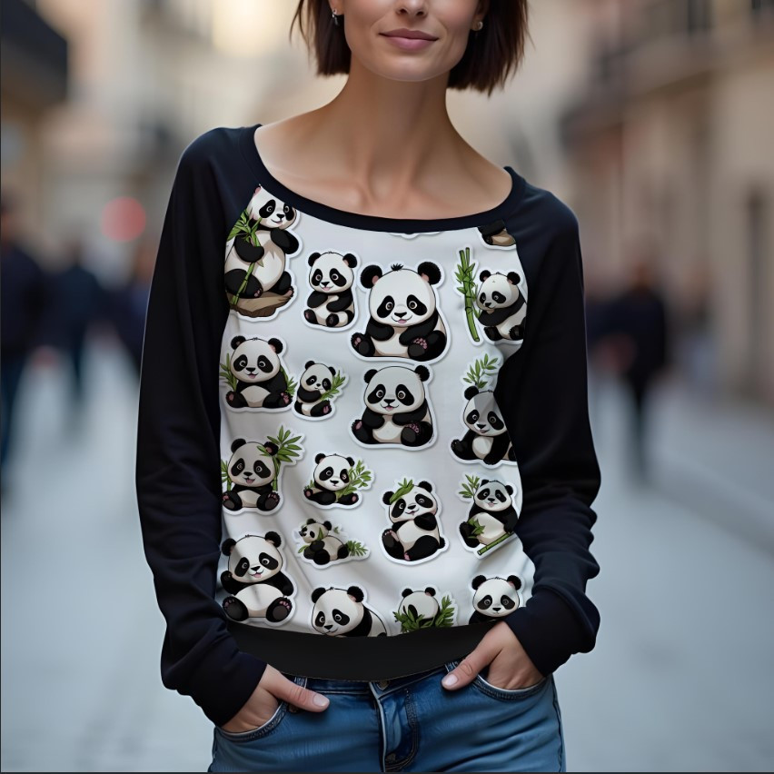 Світшот реглан з відкритими плечима в романтичному стилі з принтом "Мульт: багато кумедних панд" ВСІ Розміри Преміум тканина