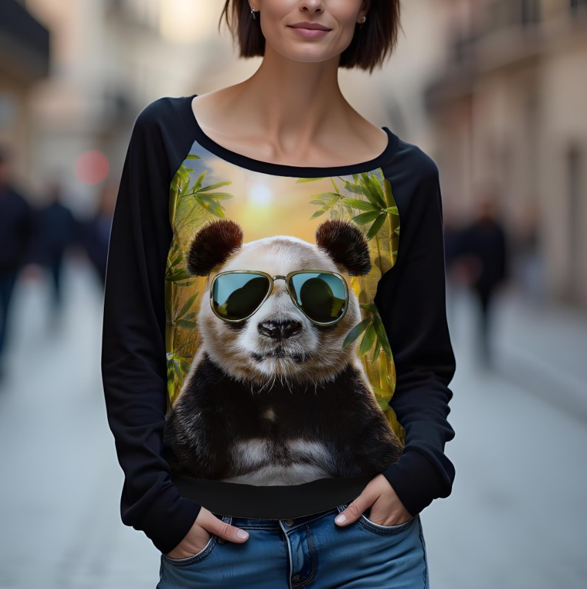 Світшот реглан з відкритими плечима в романтичному стилі з принтом "Панда: тварина