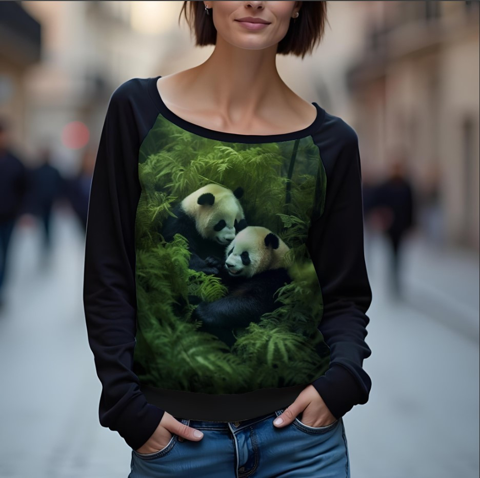 Світшот реглан з відкритими плечима в романтичному стилі з принтом "Панди: зелені рослини" ВСІ Розміри Преміум тканина
