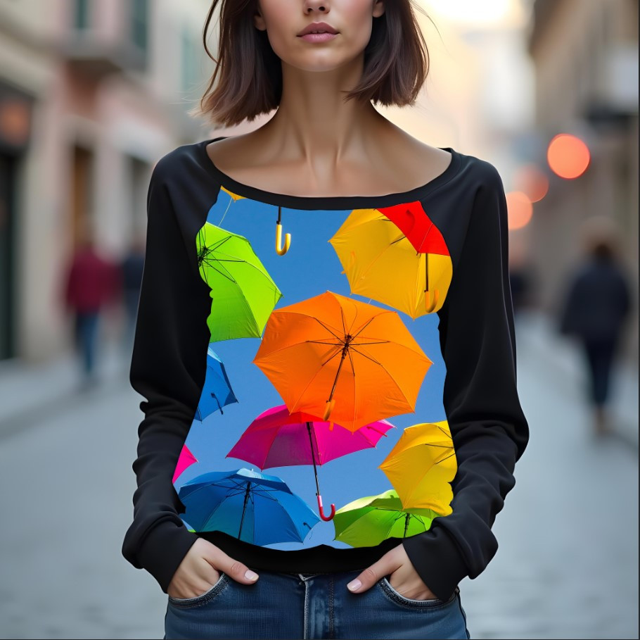 Світшот реглан з відкритими плечима в романтичному стилі з принтом "Парасолька: різнокольорова