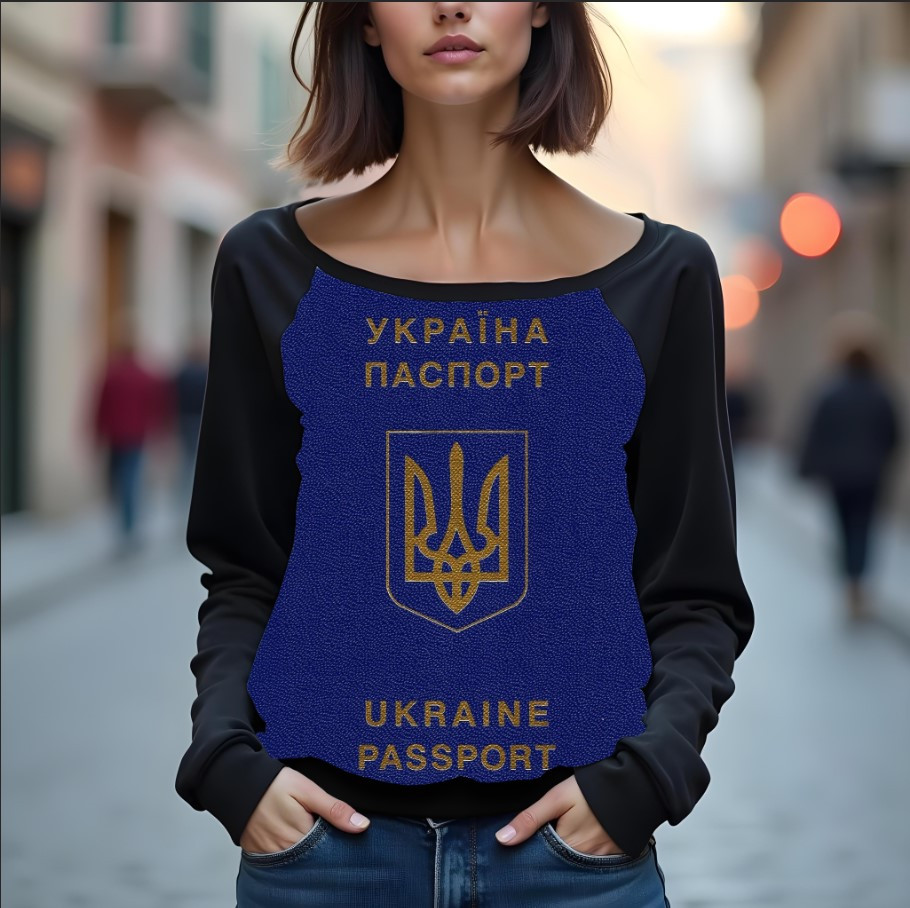 Світшот реглан з відкритими плечима в романтичному стилі з принтом "Паспорт України: патріотичне