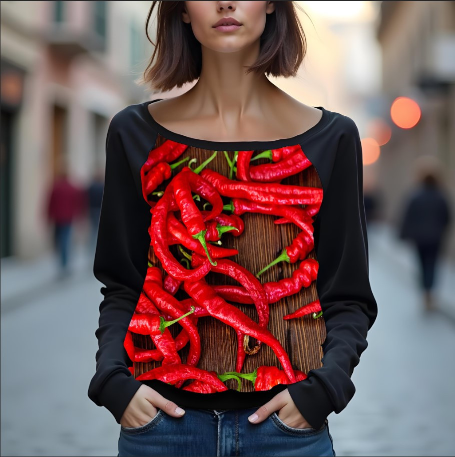 Світшот реглан з відкритими плечима в романтичному стилі з принтом "Перець чилі: перець червоний
