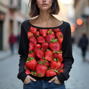 Світшот реглан з відкритими плечима в романтичному стилі з принтом "Полуниця: ягоди