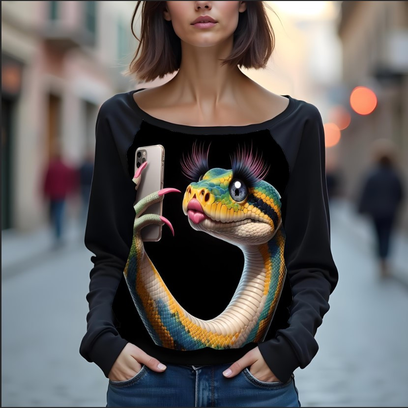 Світшот реглан з відкритими плечима в романтичному стилі з принтом "Прикольна змія з телефоном