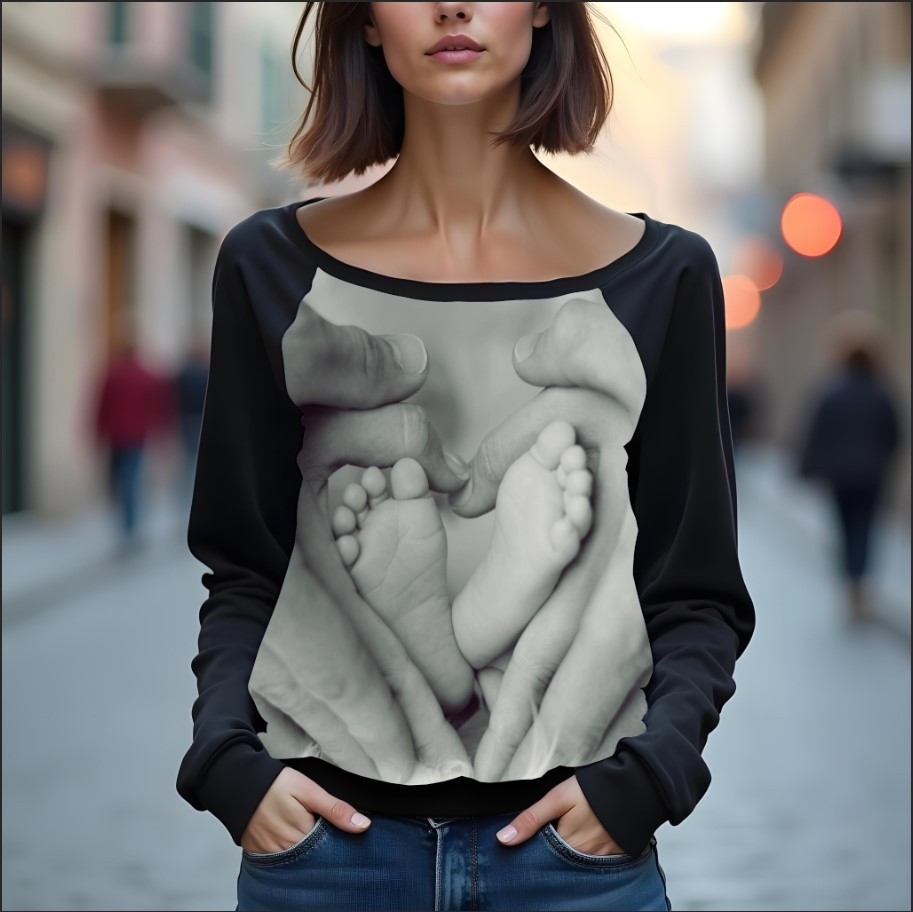 Світшот реглан з відкритими плечима в романтичному стилі з принтом "Родина: чорно-біле