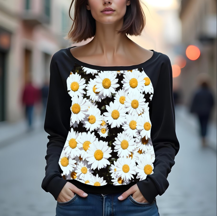 Світшот реглан з відкритими плечима в романтичному стилі з принтом "Ромашки: квіти