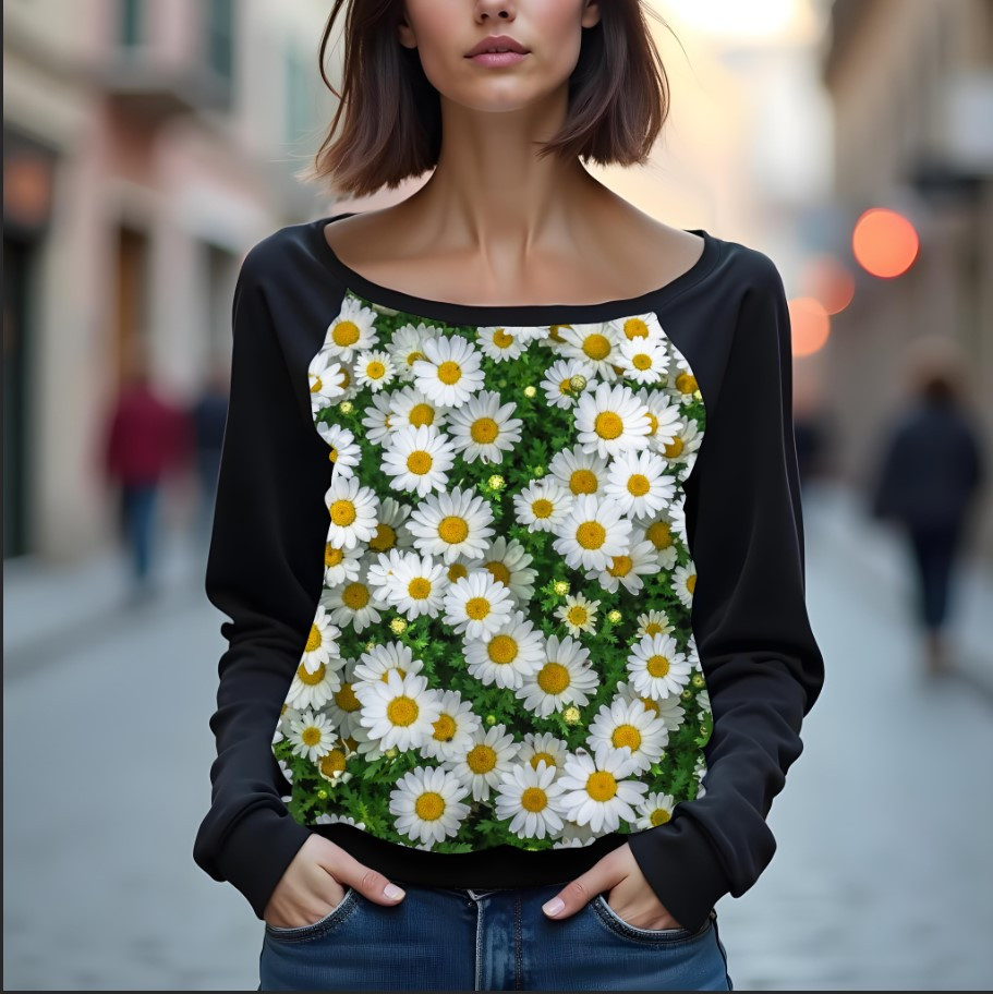 Світшот реглан з відкритими плечима в романтичному стилі з принтом "Ромашки польові: квіти