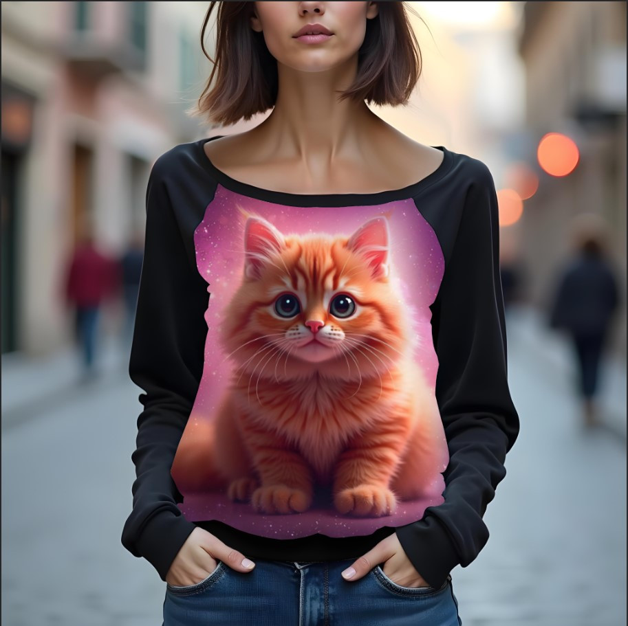 Світшот реглан з відкритими плечима в романтичному стилі з принтом "Руде маленьке кошеня