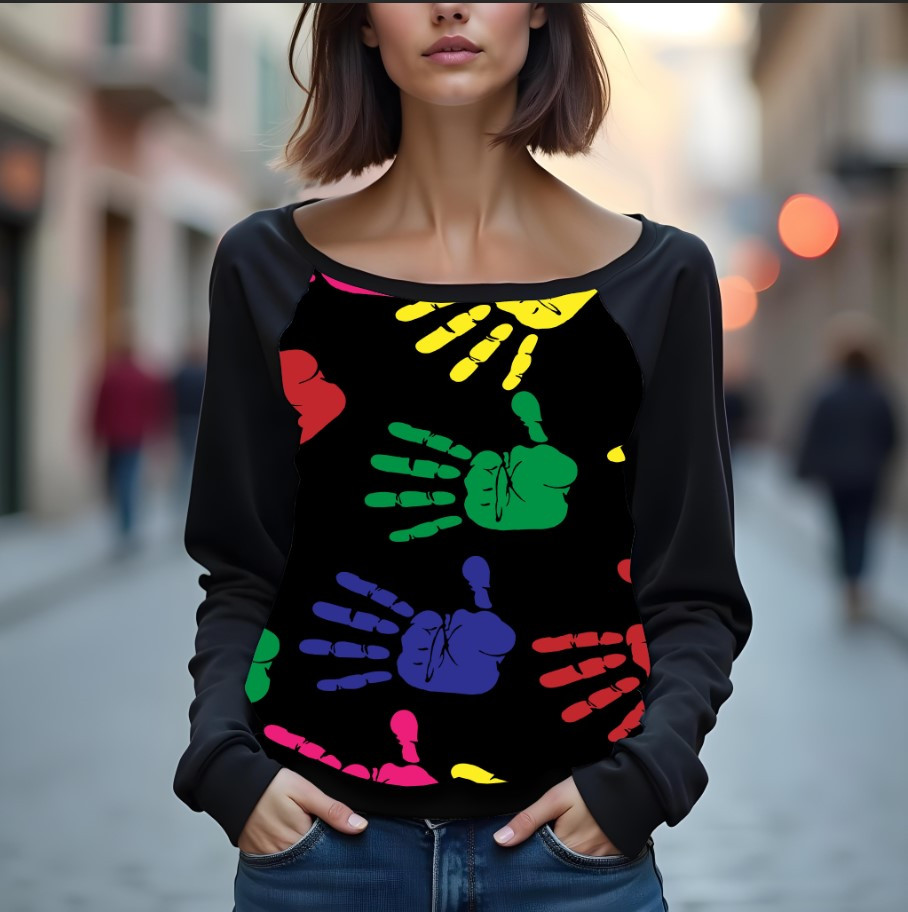 Світшот реглан з відкритими плечима в романтичному стилі з принтом "Руки: відбитки