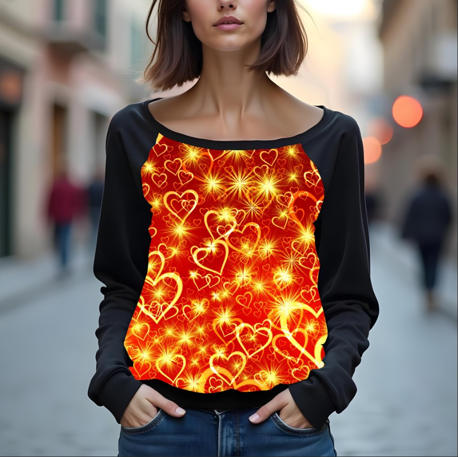 Світшот реглан з відкритими плечима в романтичному стилі з принтом "Серце: арт