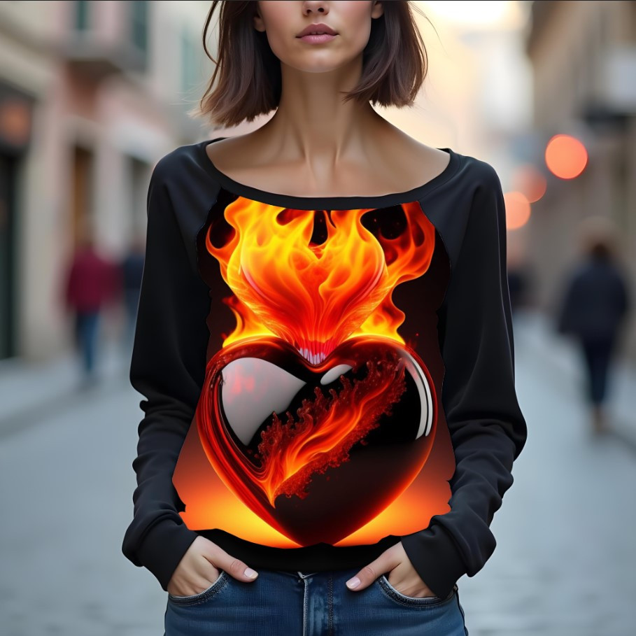 Світшот реглан з відкритими плечима в романтичному стилі з принтом "Серце: вогняне