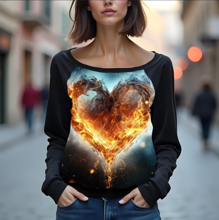 Світшот реглан з відкритими плечима в романтичному стилі з принтом "Серце: вогняне