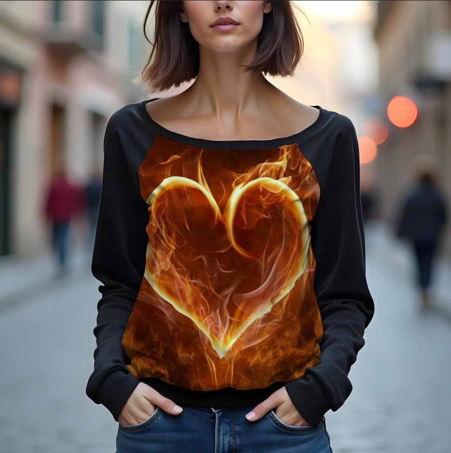Світшот реглан з відкритими плечима в романтичному стилі з принтом "Серце: вогняне