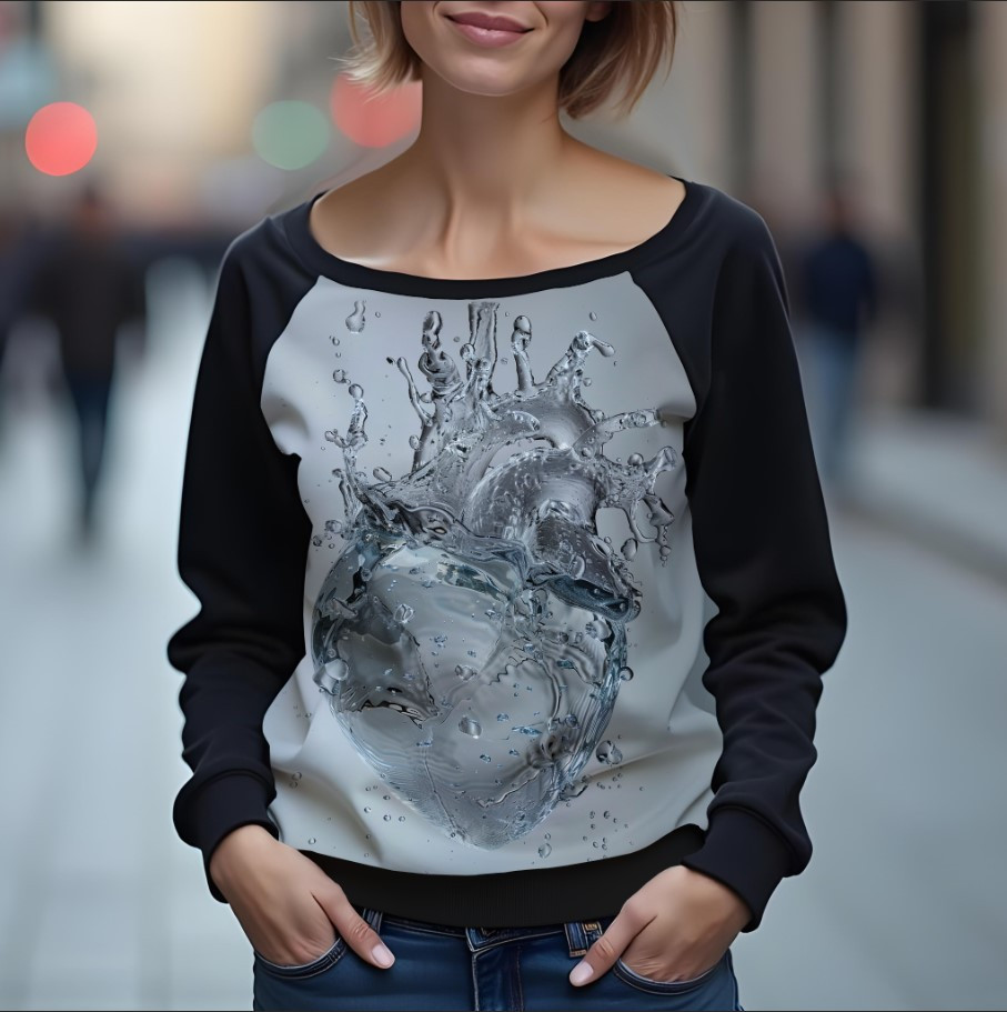 Світшот реглан з відкритими плечима в романтичному стилі з принтом "Серце з води: краплі
