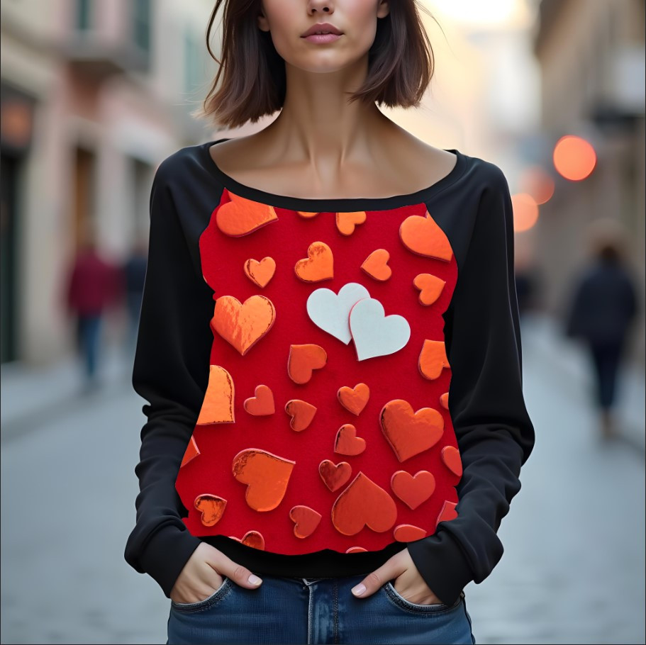 Світшот реглан з відкритими плечима в романтичному стилі з принтом "Серця: любов