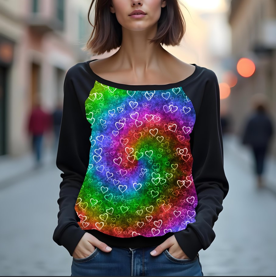 Світшот реглан з відкритими плечима в романтичному стилі з принтом "Серця: серце