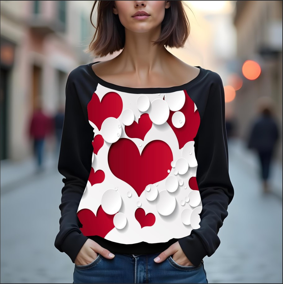 Світшот реглан з відкритими плечима в романтичному стилі з принтом "Серця: форма