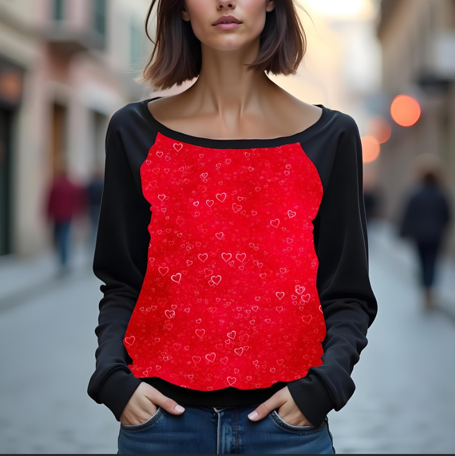 Світшот реглан з відкритими плечима в романтичному стилі з принтом "Серця: червоний