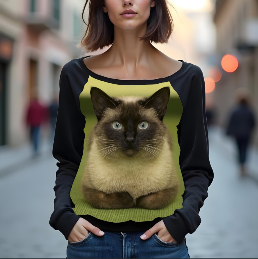 Світшот реглан з відкритими плечима в романтичному стилі з принтом "Сіамський кіт: кіт