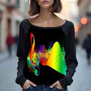 Світшот реглан з відкритими плечима в романтичному стилі з принтом "Скрипковий ключ: ноти